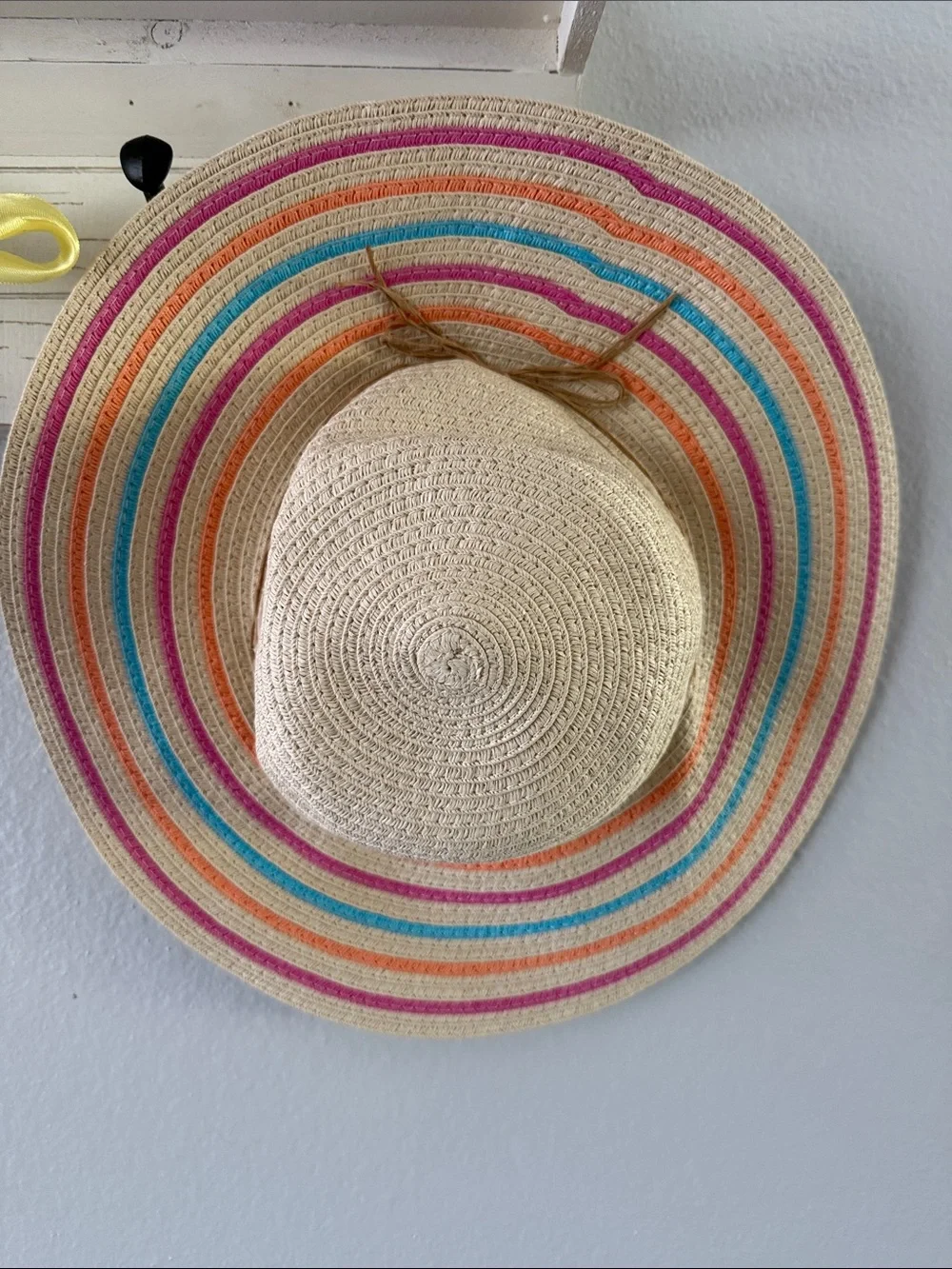 Kids Wide-Brim Straw Sun Hat with Pink, Orange & Blue Stripes
